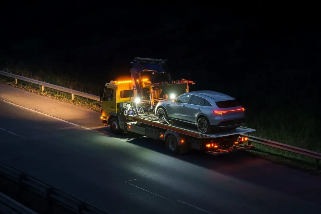 Flatbed tow truck transporting a car at night for 24/7 emergency towing in Ontario, CA